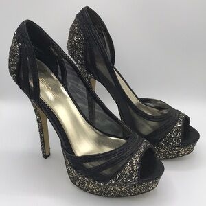 Bebe black and gold sparkly stilettos, size 6